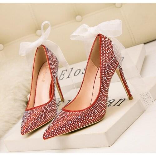 Sexy Pumps Wedding Women Fetish Sequined Cloth Slip On 10CM Thin High heels Pointed Toe Bling Rhinestone Party womens shoes 2020