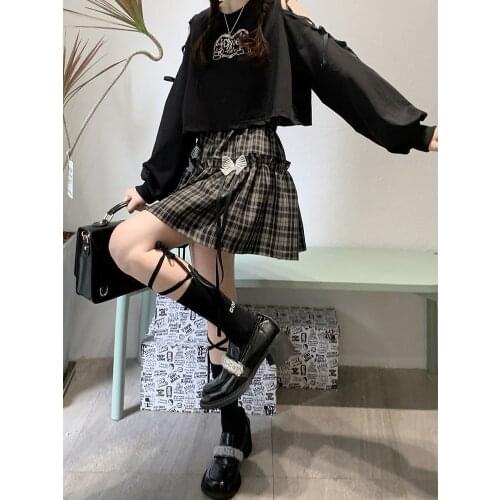 Off-the-shoulder Lace-up Long-sleeved T-shirt Womens Short Tops+Plaid Stitching Jk Mini Skirts Suit Harajuku Gothic traf y2k