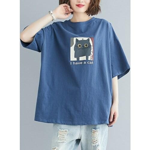 Johnature Women Cotton T-Shirts Women Tops Print Cats Mori Girl Japan Style 2021 Summer New Casual 5 Colors T-Shirt