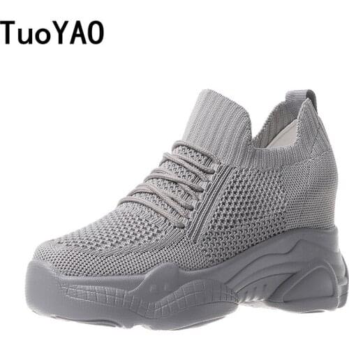 Fashion 2020 Autumn High Platform High Heels Women Thick Sole Shoes 9 CM Heels Wedge Sneakers Breathable Mesh Casual Shoes Woman