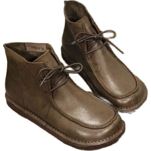 1930-18 Autumn and Winter Handmade Womens Leathre Over-Ankle Boots Retro Round Toe Flat Casual Martin Boots