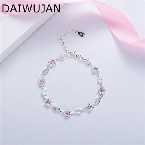 DAIWUJAN Sweet Pink Zircon Sakura Flower Charm Bracelets For Women INS 925 Sterling Silver Bracelet Wedding Party Jewelry 2020