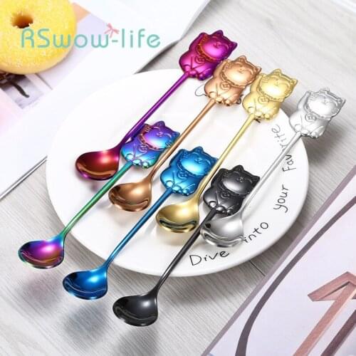 1pcs Lucky Cat Coffee Stir Spoon Colorful Stainless Steel Dessert Milk-tea Sugar Scoop Kitchen Tableware Mug Cup Decor Gift