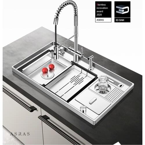 ASRAS-8549X 3D Surrounding Kitchen Sink with Cup Rinser SUS304 Stainless Steel Handmade Sink Set with Dual-mode Pullout Faucet