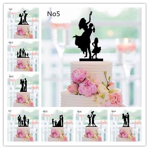 Mixed Style Black Acrylic Wedding Cake Topper For Decor Mariage Mr Mrs Bride Groom Family Cake Toppers Baby Shower Decoration