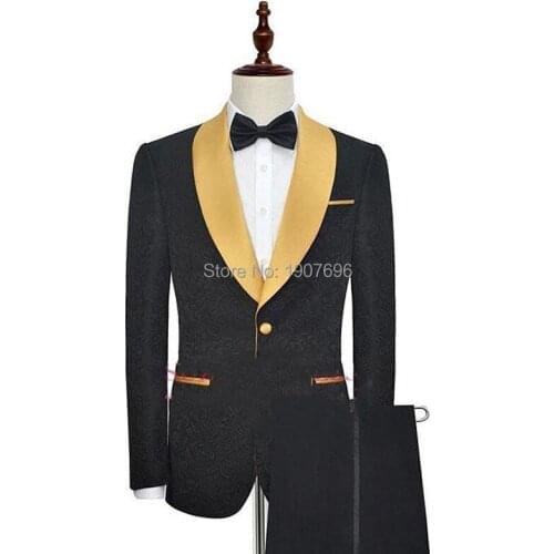 Black floral Slim fit Man Suit for Wedding Groom Tuxedos with Gold Shawl Lapel Jacquard Two Piece Man Suit Set Jacket Pants