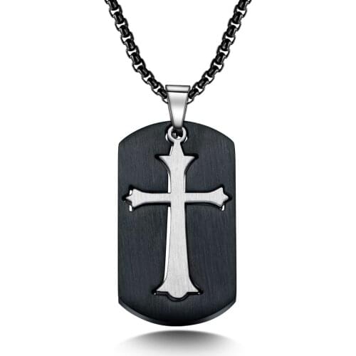 Black Dag Tag Pendant Cross God Necklace for Men Stainless Steel Christian Religious Male Jewelry