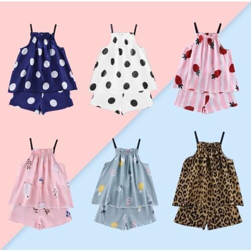 Kids Pajamas Girls Sleeveless Summer Clothes Baby Cartoon Printed Silk Strap Tops+Shorts 2 PCS Sets Children Leisure Suits 1-7Y