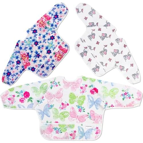 Baby Bib Long-sleeved Waterproof Infant Eating Smock Apron Reusable Cartoon Baby Stuff 6-24M Self Feeding Tools With Pocket