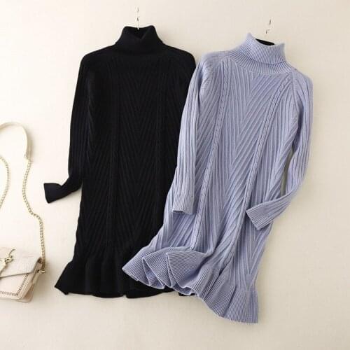 HLBCBG 2021 Autumn winter Thick Turtleneck Fishtail sweater dress women basic warm midi sweater dress female