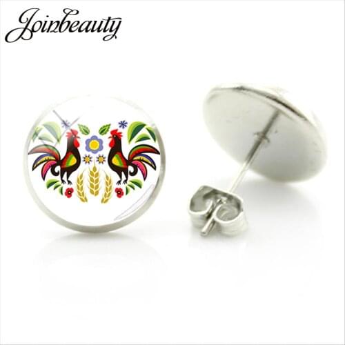 JOINBEAUTY Classic Polish Folk Flower Printing Stud Earrings Glass Dome Charms Earrings Jewelry For Women Gifts PF69
