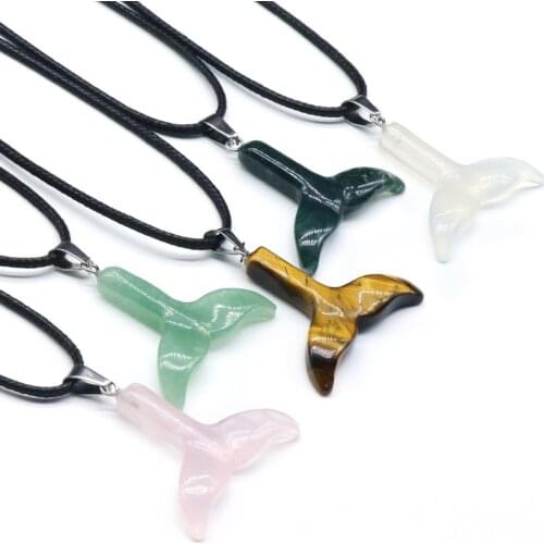 Natural Stone Fishtail Pendant 6Pcs/Lot Green Aventurine Tiger Eyes Healing Stones Rope Clip Necklace For Men‘s Women‘s Jewelry