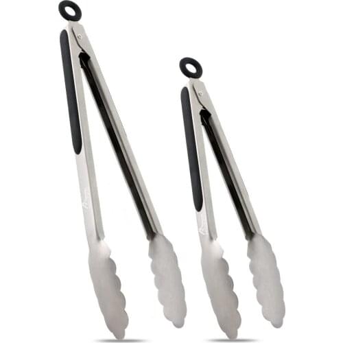 Stainless Steel Kitchen Tongs Set of 2 - 9" and 12", Locking Metal Food Tongs Non-Slip Grip (Black)