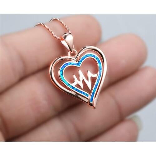 Boho Rose Gold Silver Color Chain Necklace Female Love Heart Pendant Necklace White Blue Opal Stone Wedding Necklaces For Women