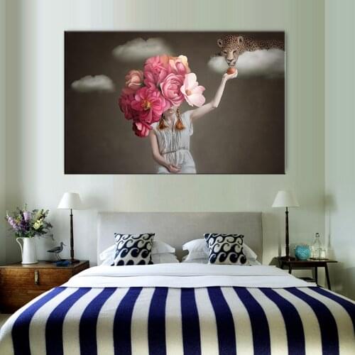 Poster Wall Art Pictures Prints Girl Flower Cheetah Modern Abstract Canvas Painting Nordic Style Home Decoration Canvas Wall Art