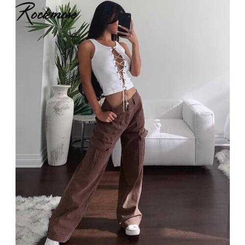 Rockmore Brown Vintage Baggy Jeans Women Y2K High Waist Pocket Cargo Pants 90s Streetwear Straight Trousers Harajuku Summer 2021