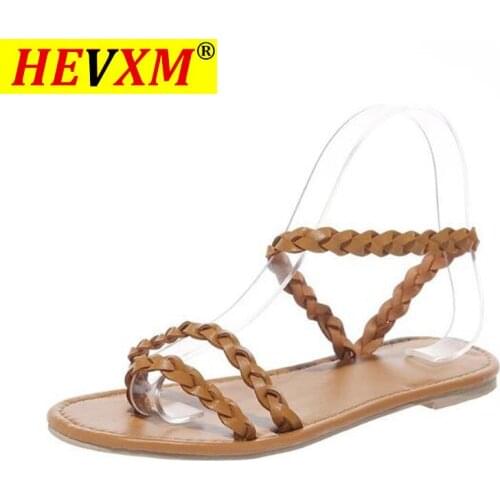 New womens sandals fashion leather woven flat bottom simple light and comfortable all-match casual large size womens sandals