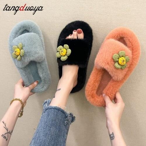 Faux Fur Home Slippers Fluffy Women Slides Comfort Furry Flat slippers Female Cute Slippers Shoes For Woman Indoor Flip Flops