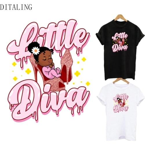 Cute Black Girl Patches On Clothing Pink Little Diva Thermal Sticker DIY Washable T-Shirt Patch Heat Transfers Sticker Appliqued