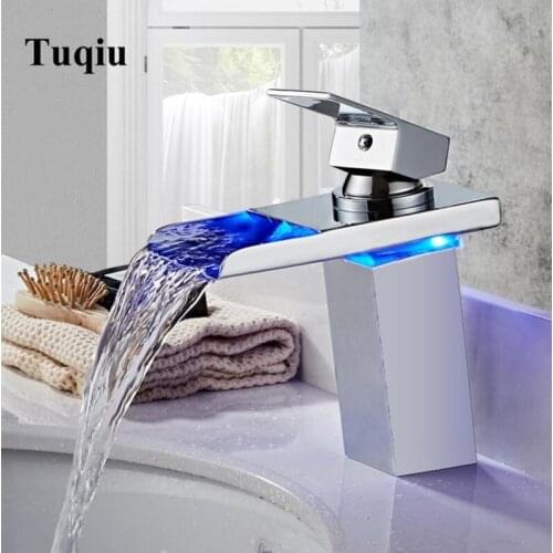 LED Basin Faucet Waterfall Sink Taps Colors Change with Temperature Bathroom Mixer Brass
