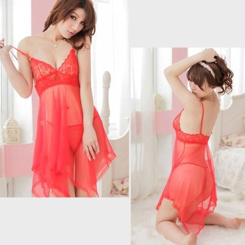 Womens Sexy Deep V Neck Open Lace Nightdress Exotic Mesh Perspective Sling Dress