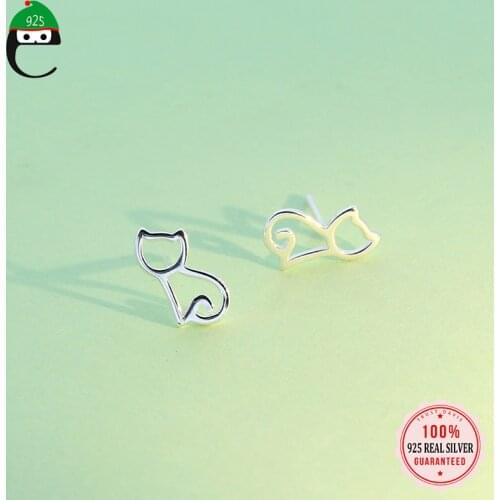 ElfoPlataSi Genuine 925 Sterling Silver Fashion Sweet Animal Cat Charm Stud Earring For Women Best Friend Fine S925 Jewelry DS11