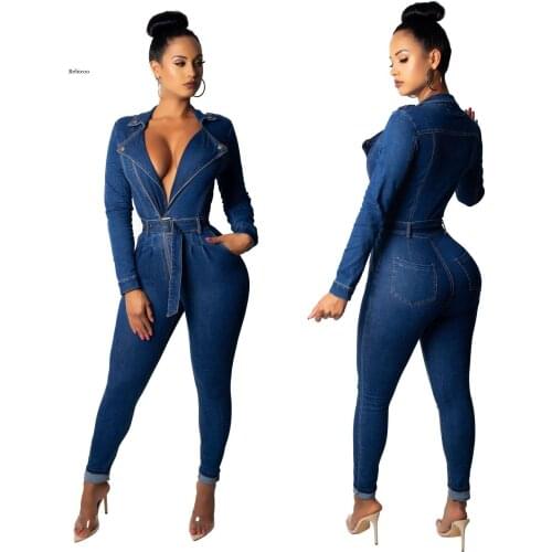 Womens Long Sleeve Denim Overalls Sexy Deep V Neck Slim Fashion Blue Jeans Jumpsuit Casual Work Wear Female Romper