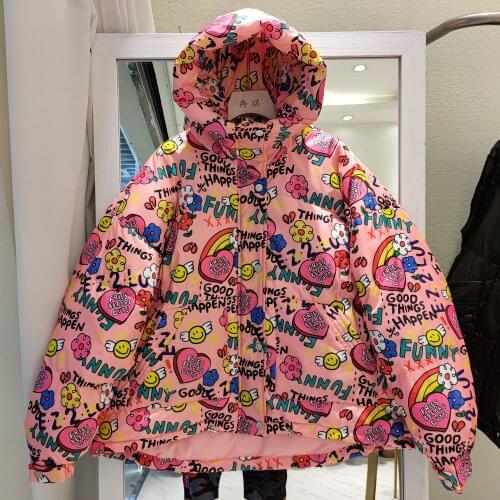 Winter Down Jacket 2021 Korea Loose Female Short Hooded Cartoon Graffiti Print Letter White duck down Coat Thick Outwear Parkas