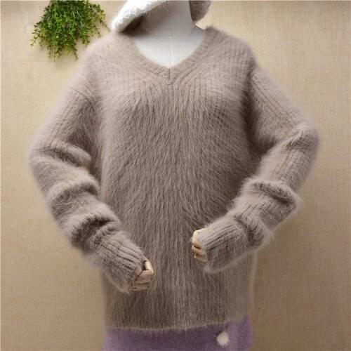 Brandy melville ladies women fashion striped mink cashmere knitted long sleeves loose v-neck pullover angora fur jumper sweater