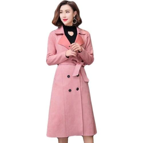 Women Turn down collar sash suede trench coat Casual double-breasted pocket long autumn coat outwear overcoat female plus size