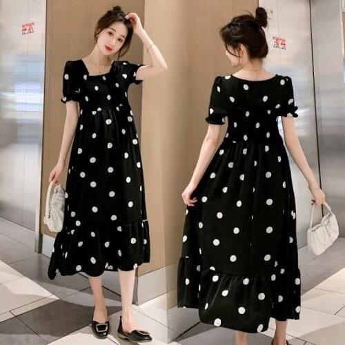 16571# Maternity Dress Summer Cotton Short Sleeves Loose Midi Polka Dot Dress Plus Size Pregnancy Dress Pregnant Women Mom Dress