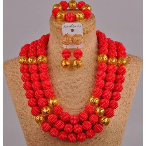 24inches necklace african beads red set simulated pearl nigerian traditional wedding set african jewelry set FZZ63