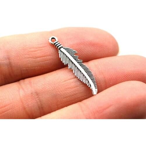 50PCS Bulk Sale, Antique Silver Color Feather Charm Pendant, 2 Sided Metal Tone, Vintage Jewelry Supplies, 27X6mm