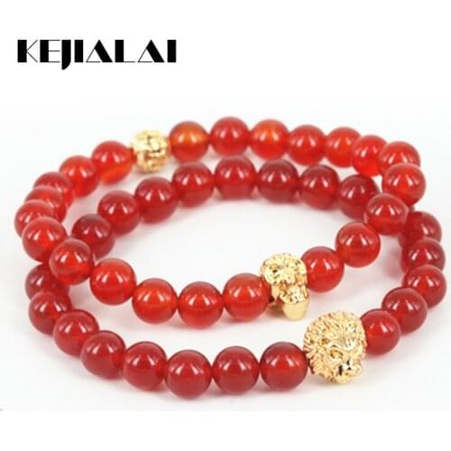 KEJIALAI High Quality Beaded 24k Gold Lion Head Men Bracelet Natural Red Round Stone Beads Women Bracelet As A Gift A0598
