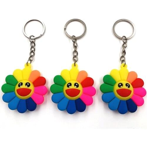 Cute Girls PVC Colorful Sunflower Keychain Female Fashion Cartoon Smiling Flowers Key Chain Car Trinket Jewelry Party Gift