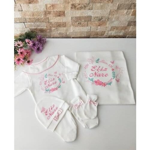 Jaju Baby Handmade, Butterfly and Name Embroidered Baby Rompers Set