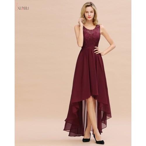 Burgundy Chiffon Long Bridesmaid Dresses 2019 High Low Wedding Guest Party Dress Scoop Neck Sleeveless vestido madrinha
