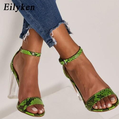Eilyken 2021 Sandals Fashion Snakelike Womens Sandals Open Toe Ankle Strap Buckle Shoes Transparent High Heels Sandals