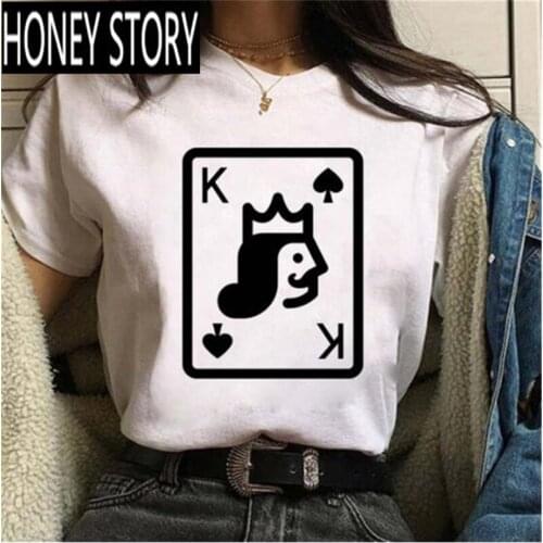 FIXSYS Funny Short Sleeve Playing Cards Heart Graphic Print T Shirt Women Harajuku Fashion Retro White Poker Femme Tops
