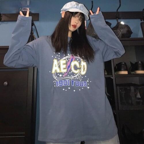 T-shirt Women Long Sleeve Students Trendy Harajuku Loose Womens Street Ulzzang Letter Print O-Neck T-shirts Tops Female Clothing