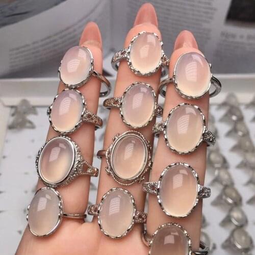 MOONROCY Silver Color Chalcedony Rings White Oval Opal Vintage Party Ring for Women Girls Gift Dropshipping Jewelry Wholesale