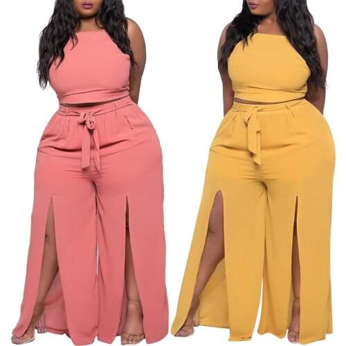 Casual Trousers Suit Pink Sexy Womens Loose Tie Halter Slim Top+Split Flared Pants Two-Piece Suit 2021 Summer Fashion Lady Suit