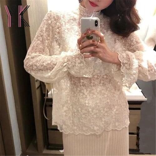 Lace High Neck Flared Long Sleeve Transparent Bottoming Shirt Spring Kawaii WomenS Top Blouse Fairy Y2k Sweet Aesthetic T-Shirt
