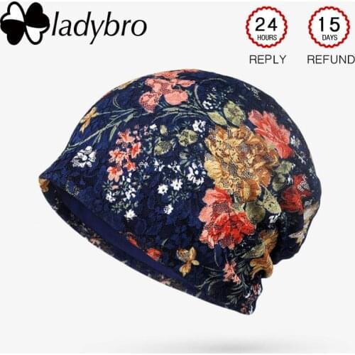 Ladybro Autumn Lace Beanies Hat Women Skullies Beanies Cap Printing Cotton Hat Lady Bonnet Hat Femme Casual Floral Cap Female