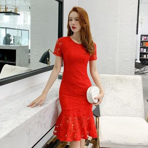 Summer Women O Neck Short Sleeve Elegant Party Dresses Sexy Office Chic Dresses High-end Vintage Lace Mermaid Dress Vestidos