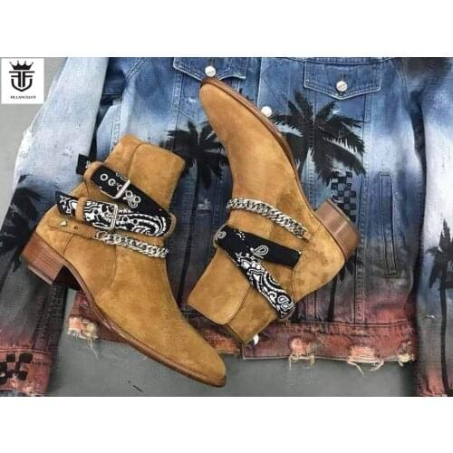 FR.LANCELOT fashion printed pointed toe men leather boots high quality men suede boots mujer bota sliver chains booties