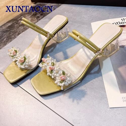 Fashion Square Crystal Heels Pearl Women Sandals 2021 Lace Ruffles String Bead High Heels Open Toe Fairy Style Female Slippers