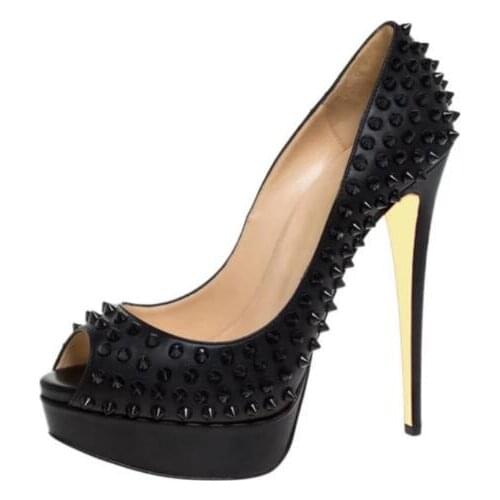 Moraima Snc Black Rivets Studded Woman Pumps Sexy Peep Toe Platform High Heel Shoes Ladies Party Dress Shoe Black