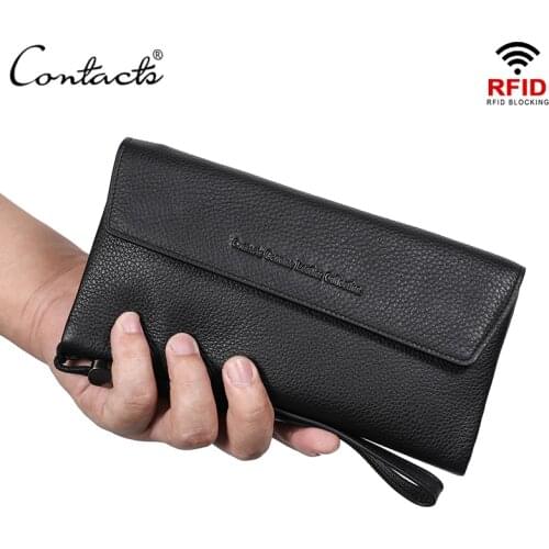 Full Grain Leather Mens Wallet Brand Male Long Purse Clutch RFID Hasp Zipper Coin Card Holder Simple Envelope Large Capacity