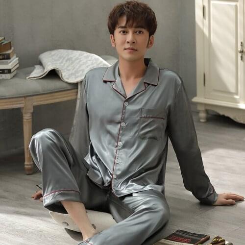 Mens Blue Satin Pajama Suit Autumn Pijama Hombre Mens PJs Set Night Wear 2Pieces Solid Sleepwear Sleep&Lounge Pyjamas Plus Size